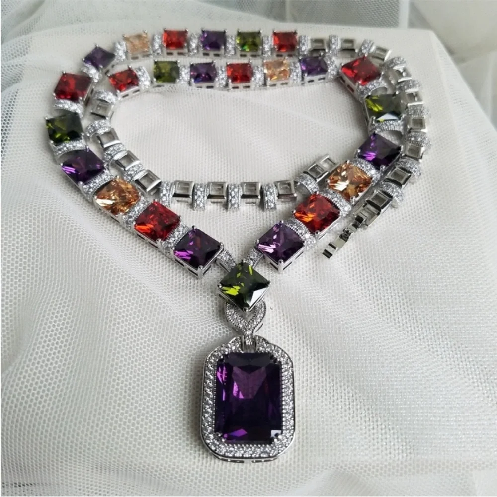 Swarovski Elements Amethyst Purple Emerald-cut Halo Earrings NEW - Picture 9 of 14